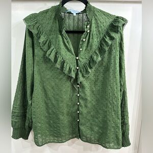 Hill House Amira Leaf Green Dot Ruffled Button-Down Cotton Top